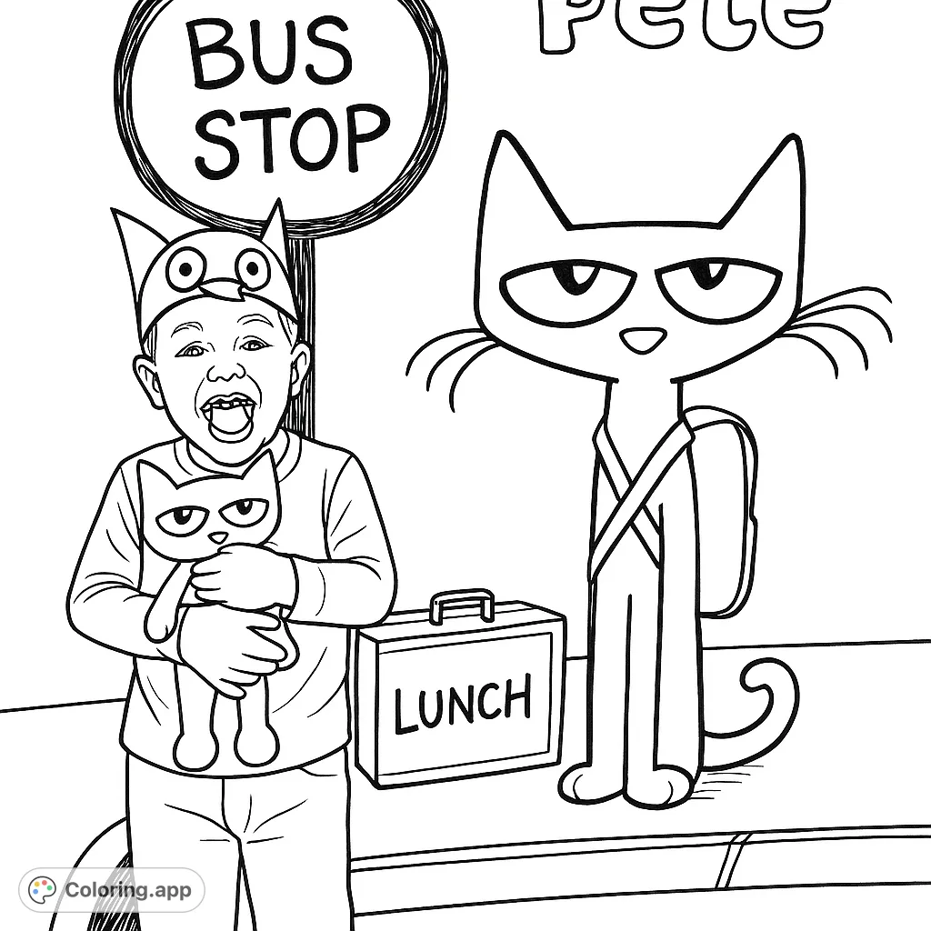 A fun Pete the Cat coloring page featuring a smiling child with a cat headband, holding a plush toy, next to a large illustration of the iconic character.