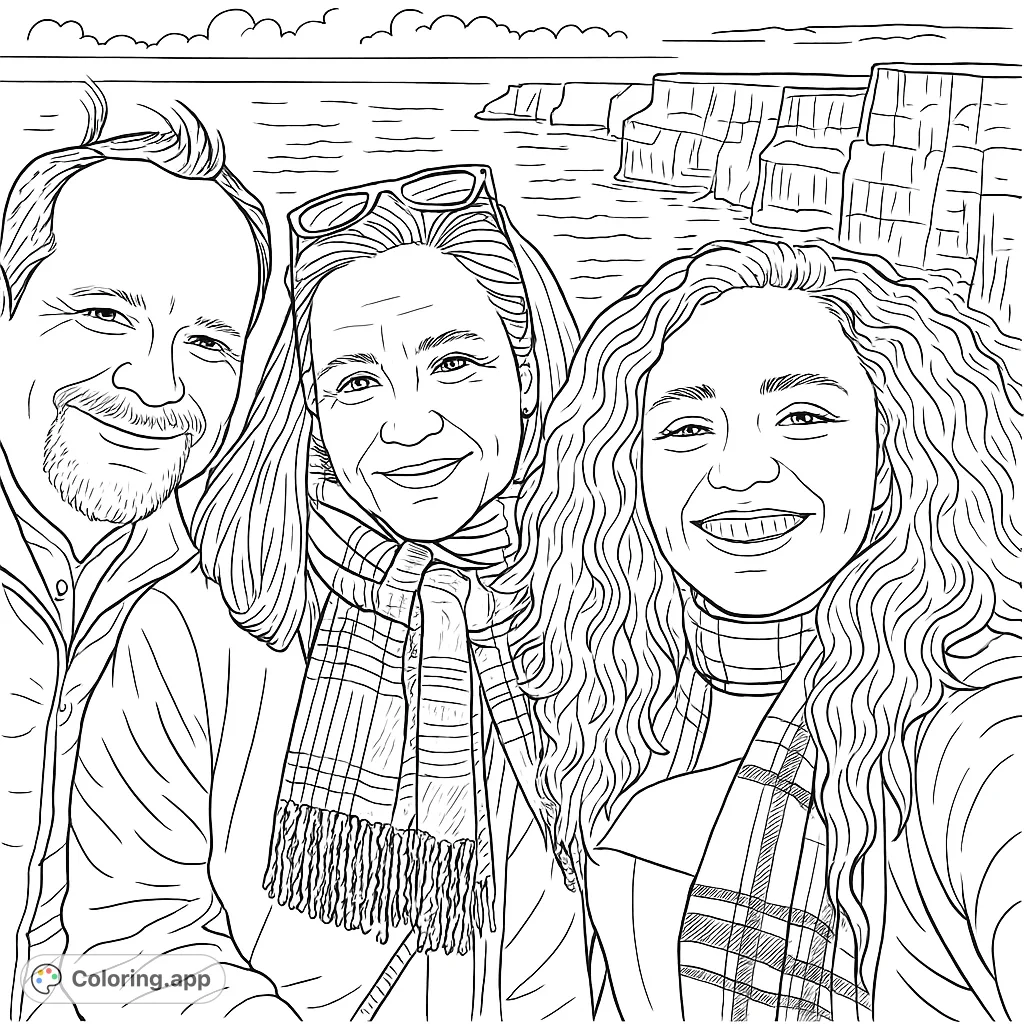 Capture a cheerful family selfie against the majestic Cliffs of Moher. This scenic page features smiling faces, cozy attire, and dramatic ocean views for all ages.