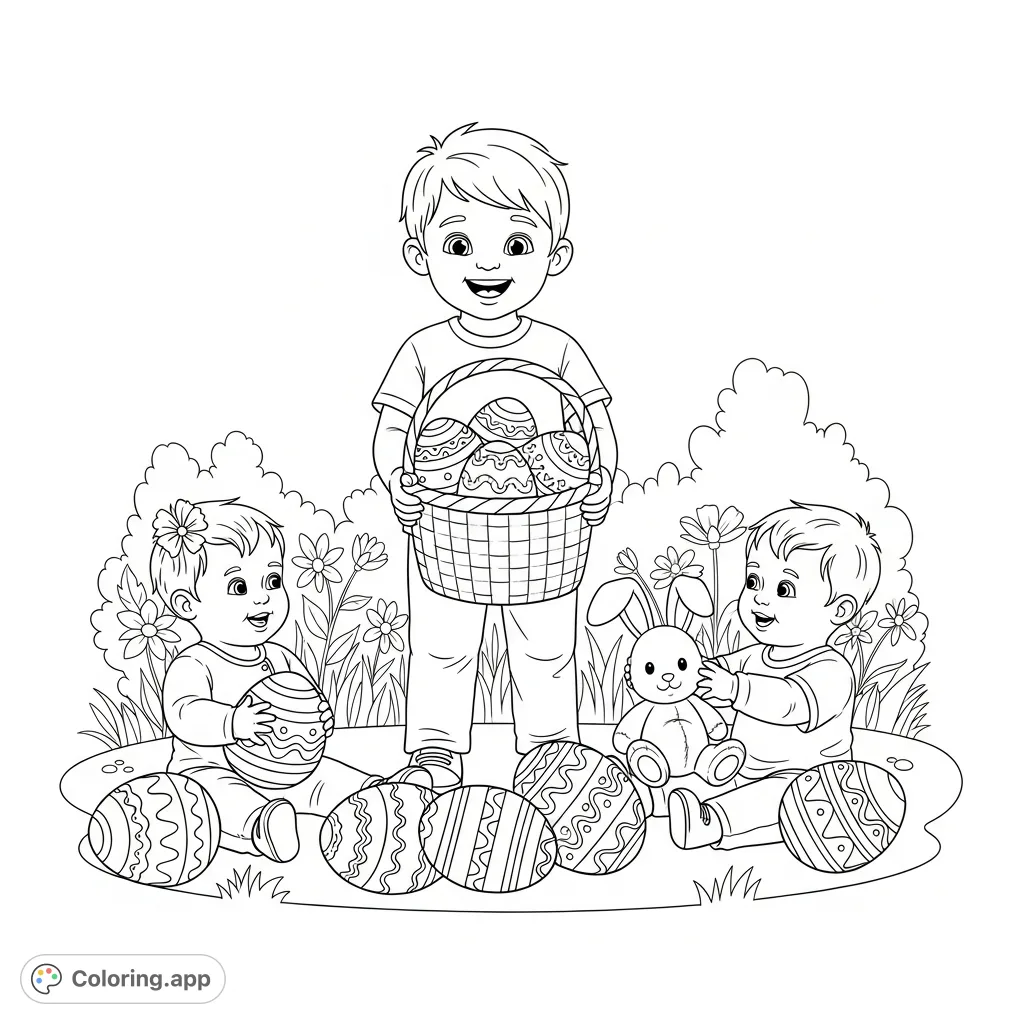 A heartwarming Easter coloring page featuring a cheerful 6-year-old boy with his two twin baby siblings, surrounded by patterned Easter eggs and spring blooms.