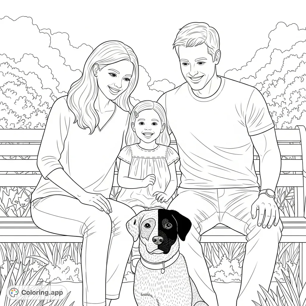 A heartwarming family coloring page featuring a mom, dad, little girl, and their pet dog, capturing a moment of togetherness in a park setting.