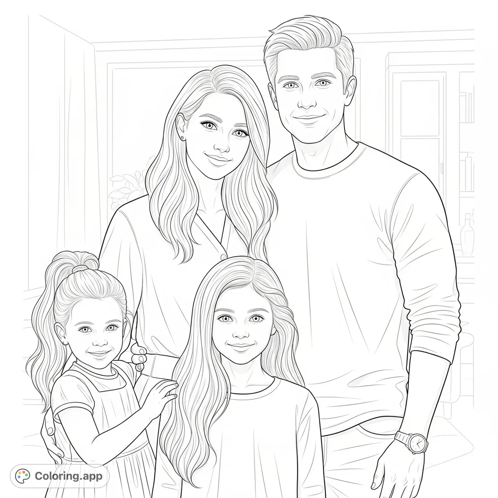 A heartwarming realistic family portrait featuring a teen mom, dad, and their two daughters. Ideal for personalizing with diverse skin tones and hair textures.