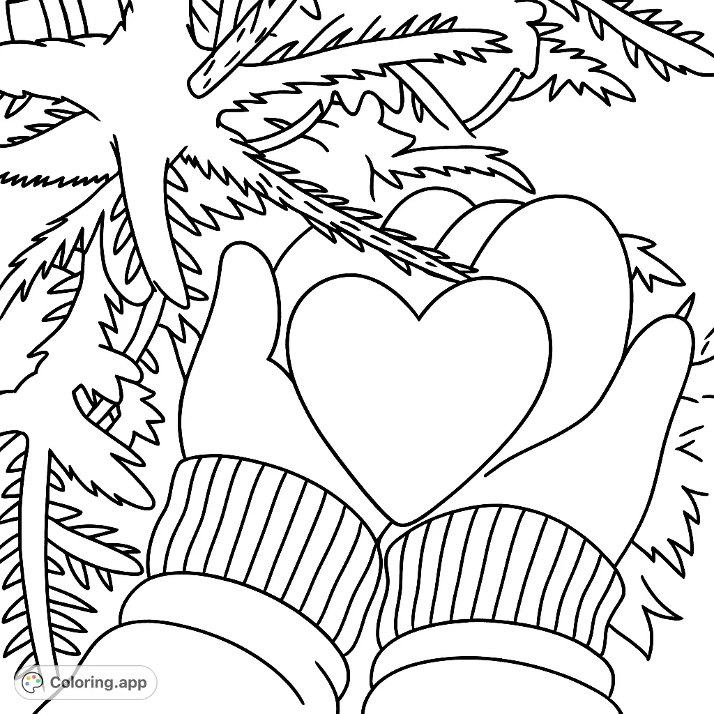 Discover this endearing winter heart coloring page! A cozy scene of mittened hands gently holding a heart-shaped snowball amidst snow-covered branches. A free printable coloring page perfect for all ages.