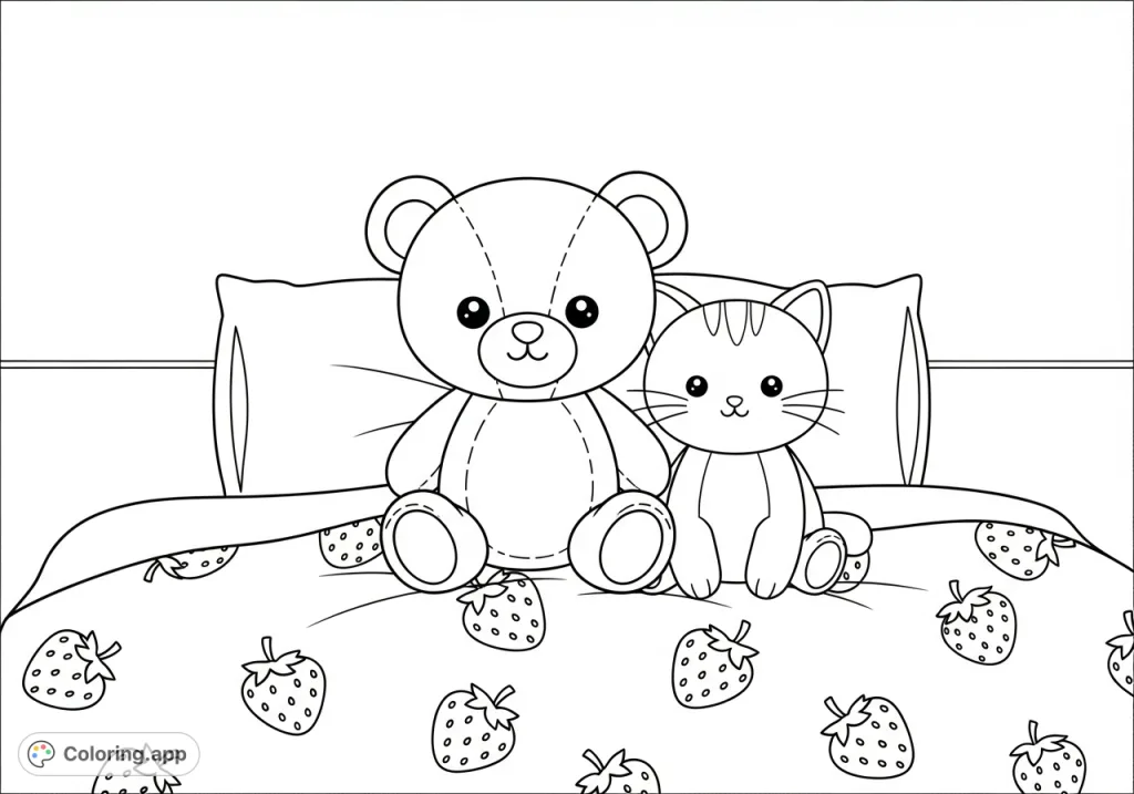 A delightful kawaii teddy bear and a cat plushie relaxing on a bed adorned with strawberries. A sweet, cozy, and free printable coloring page for kids.