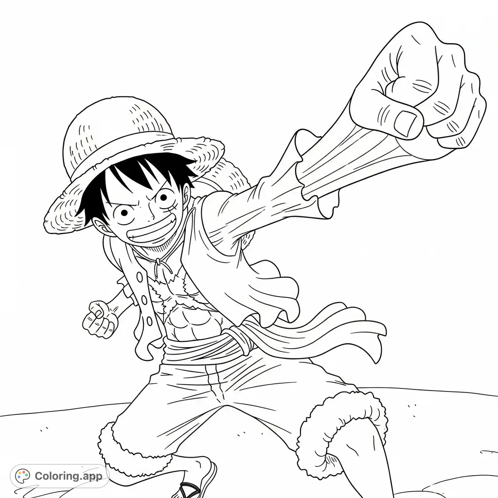 Dynamic Luffy from One Piece extends his iconic Gum-Gum arm towards the viewer. A thrilling pose for fans to color, capturing his adventurous spirit.