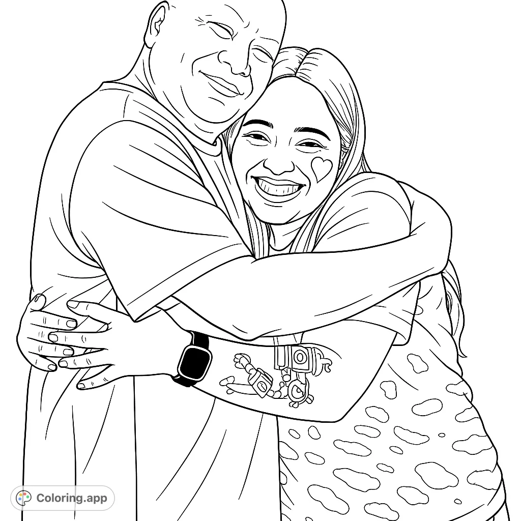 Capture a heartwarming embrace between two smiling figures. Features intricate patterns on clothing, facial markings, and tattoos, offering a delightful coloring experience.