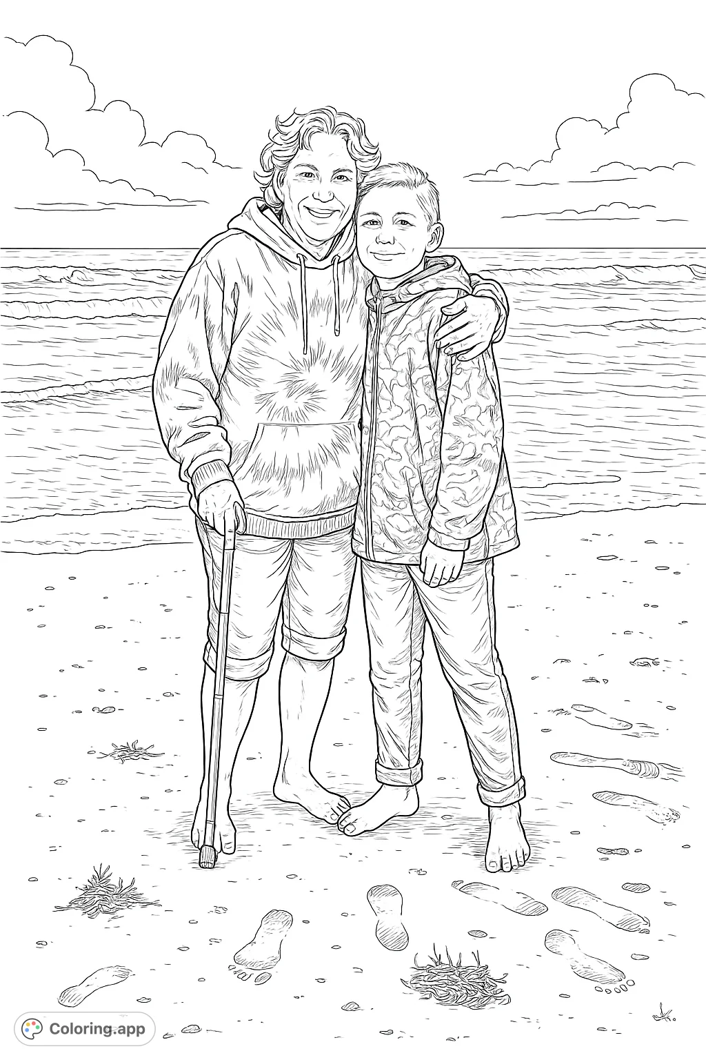A heartwarming beach scene depicting an older woman and a young boy embracing by the ocean, with detailed waves and textured sand, offering a rich coloring experience.