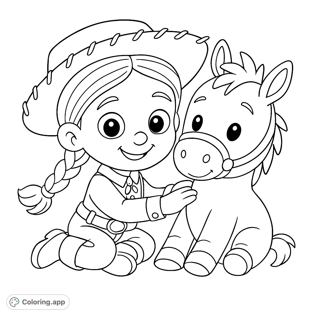 A delightful cowgirl embraces her loyal horse companion in this charming scene. Perfect for creative minds to bring to life with vibrant shades and playful patterns.