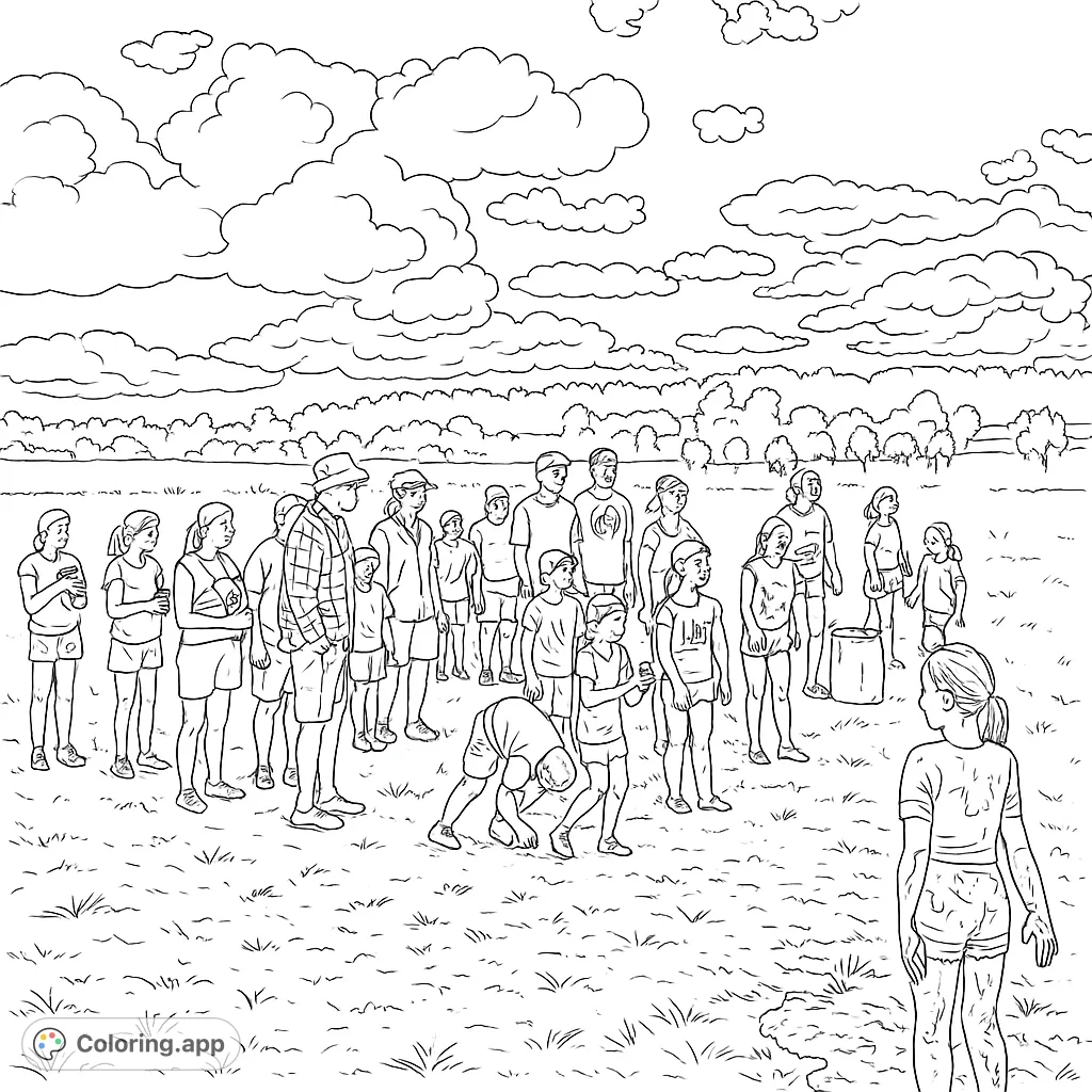 Dive into a fun-filled muddy adventure coloring page! Featuring a large group of children and adults enjoying messy outdoor play in an open field under a cloudy sky.