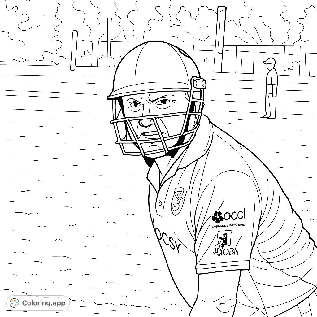 A determined cricket player in full gear on a vast field, poised for action. A sports-themed coloring page offering intricate details and an expansive background.