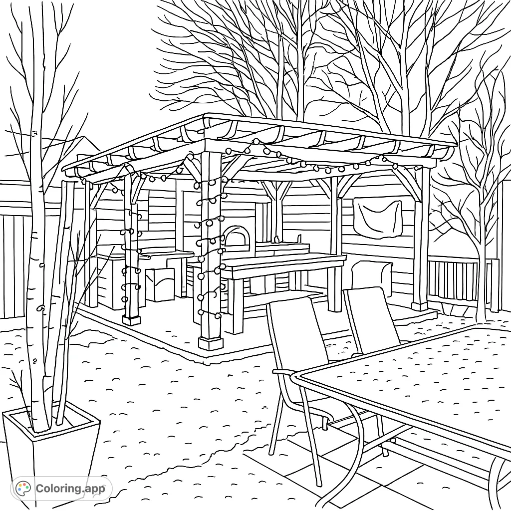 A charming outdoor kitchen pergola adorned with numerous string lights, set in a snowy backyard. Features a pizza oven, counter, and inviting patio furniture.