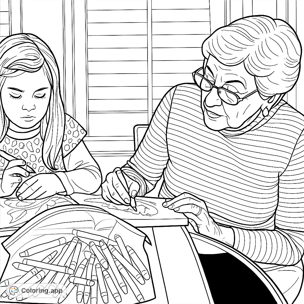 Capture the heartwarming scene of a grandparent and child coloring together. A beautiful intergenerational bonding coloring page filled with warmth and creativity.