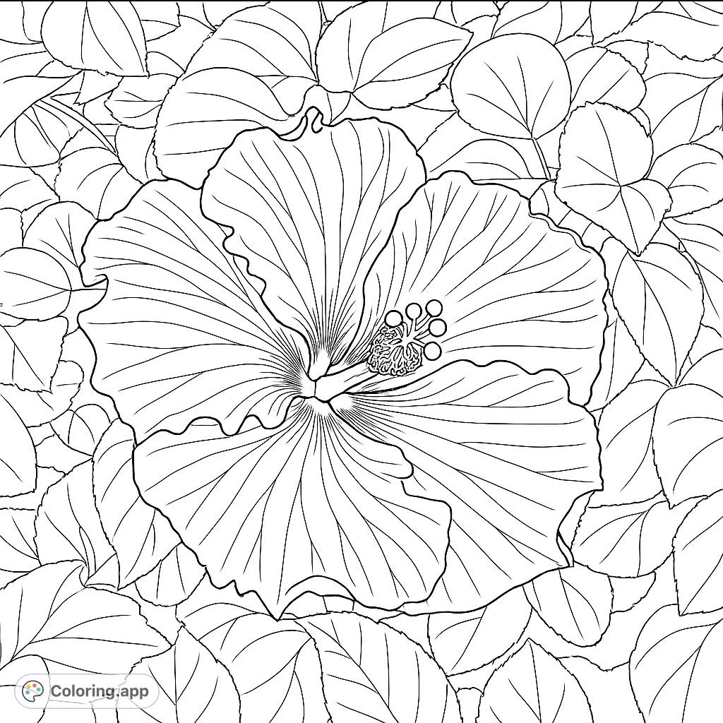 Discover the intricate beauty of a tropical hibiscus flower. This detailed floral coloring page features a large blossom with a lush leafy background, perfect for a relaxing creative escape.