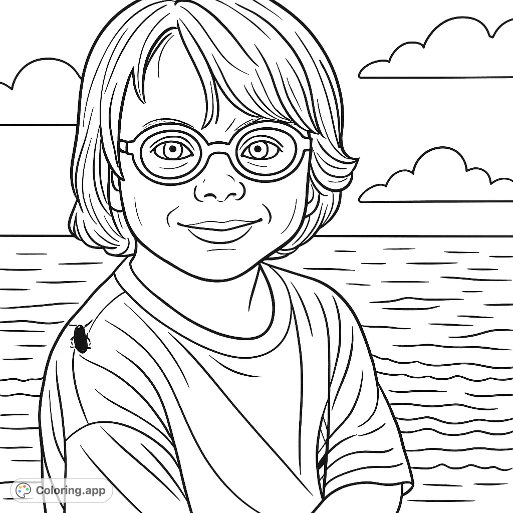 A joyful child in glasses smiles by the water under a cloud-filled sky. A charming scene for creative coloring fun.