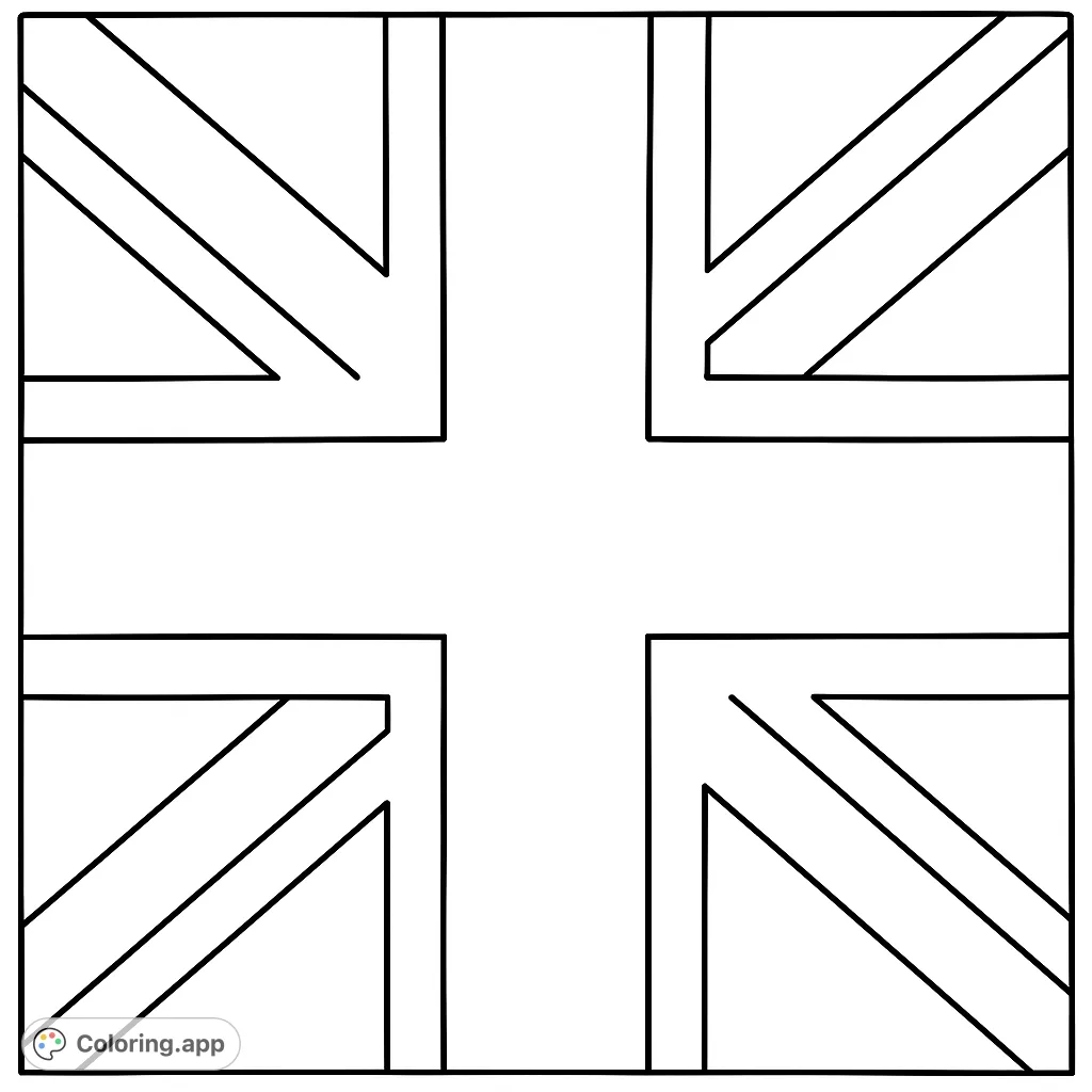 Color a classic Union Jack flag with its distinct geometric crosses and background fields. Perfect for learning or patriotic expression.