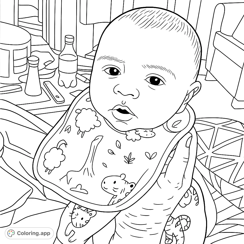An adorable baby wearing a charming bib with animal and plant designs, held gently by adult hands. A heartwarming scene perfect for coloring.