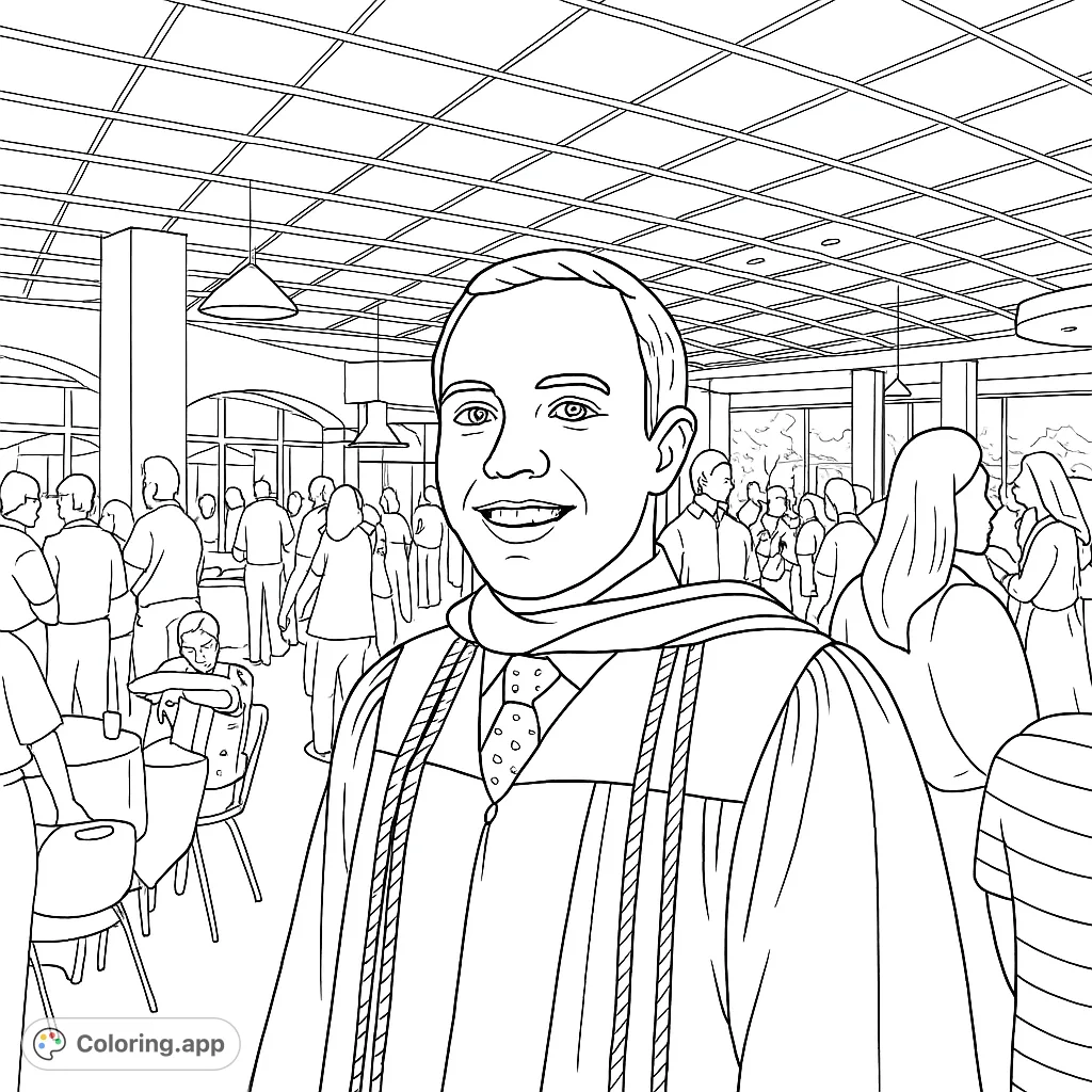 Celebrate academic achievement with this graduation portrait coloring page. Features a smiling graduate in traditional attire amidst a lively reception.