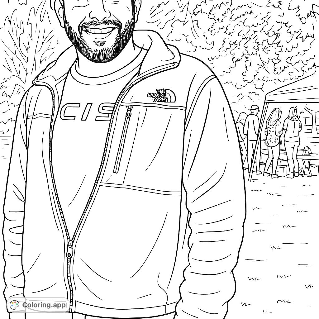 A friendly man with a beard smiles at an outdoor event, wearing a jacket and t-shirt, with a lively gathering in the background.