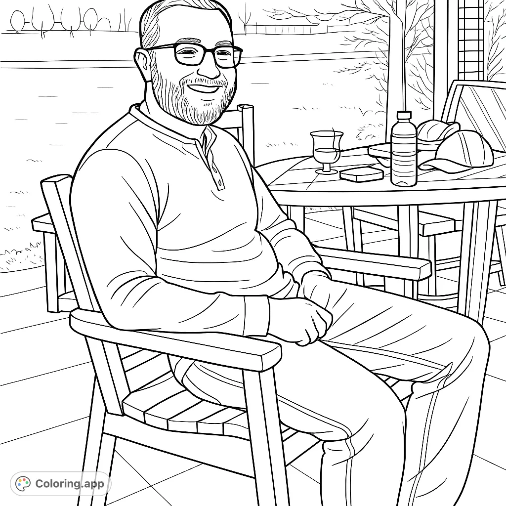 Color a smiling man relaxing in an outdoor chair, surrounded by a peaceful patio scene with a table and garden backdrop. Perfect for a calming coloring experience.