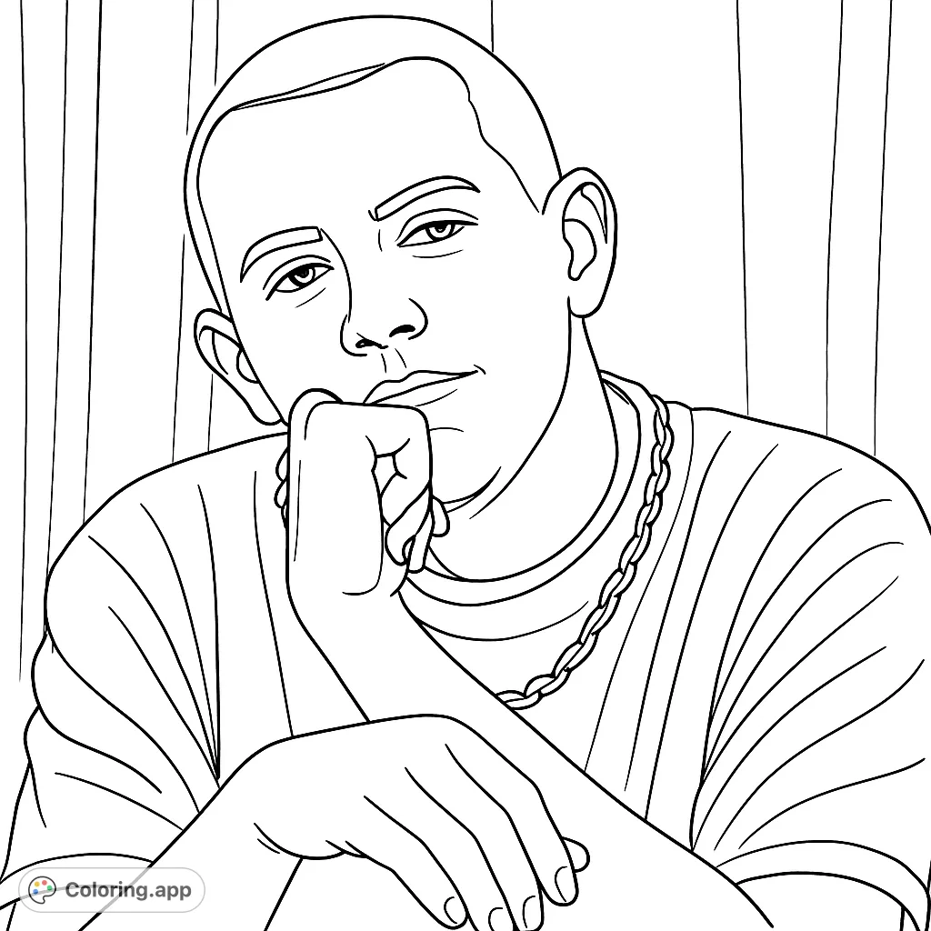 Capture a moment of contemplation with this striking male portrait coloring page. Features a figure with short hair and a thoughtful pose against a simple backdrop.
