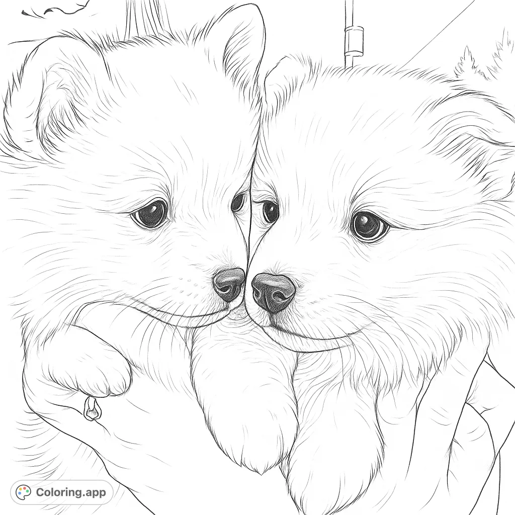 Discover a heartwarming scene with two fluffy puppies snuggled close, perfect for a cozy coloring session. Bring these adorable companions to life with your favorite shades!