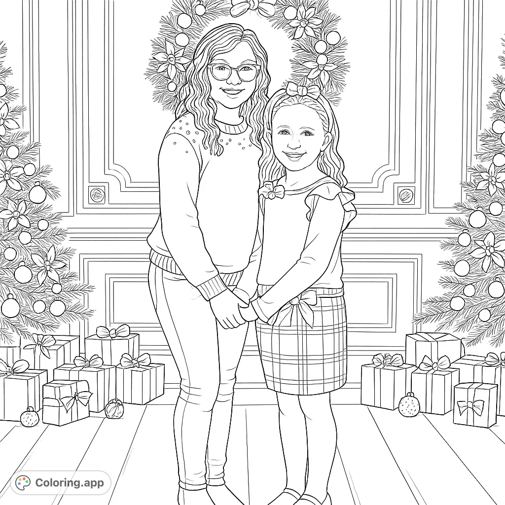 Two happy girls surrounded by festive decorations, including a large wreath, decorated trees, and many wrapped gifts. A joyful holiday scene for coloring fun!
