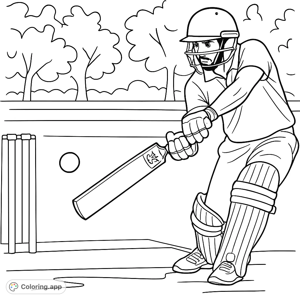 Dynamic cricket batsman coloring page capturing a player mid-swing, complete with detailed gear, ball, and wickets, perfect for sports enthusiasts.