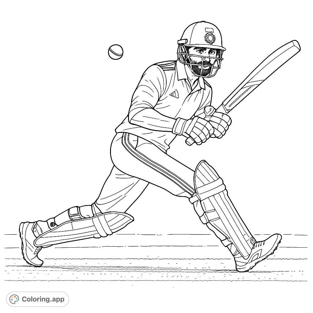 Dynamic cricket scene featuring a batsman mid-shot with bat, helmet, and pads. A challenging sports coloring page for fans of the game.