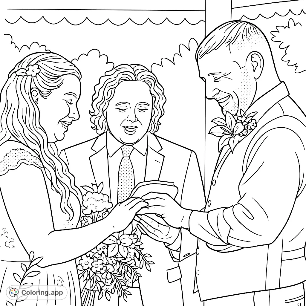 Capture a heartfelt wedding ring exchange between a smiling couple and their officiant. Features intricate details of attire, floral arrangements, and a romantic gazebo setting.
