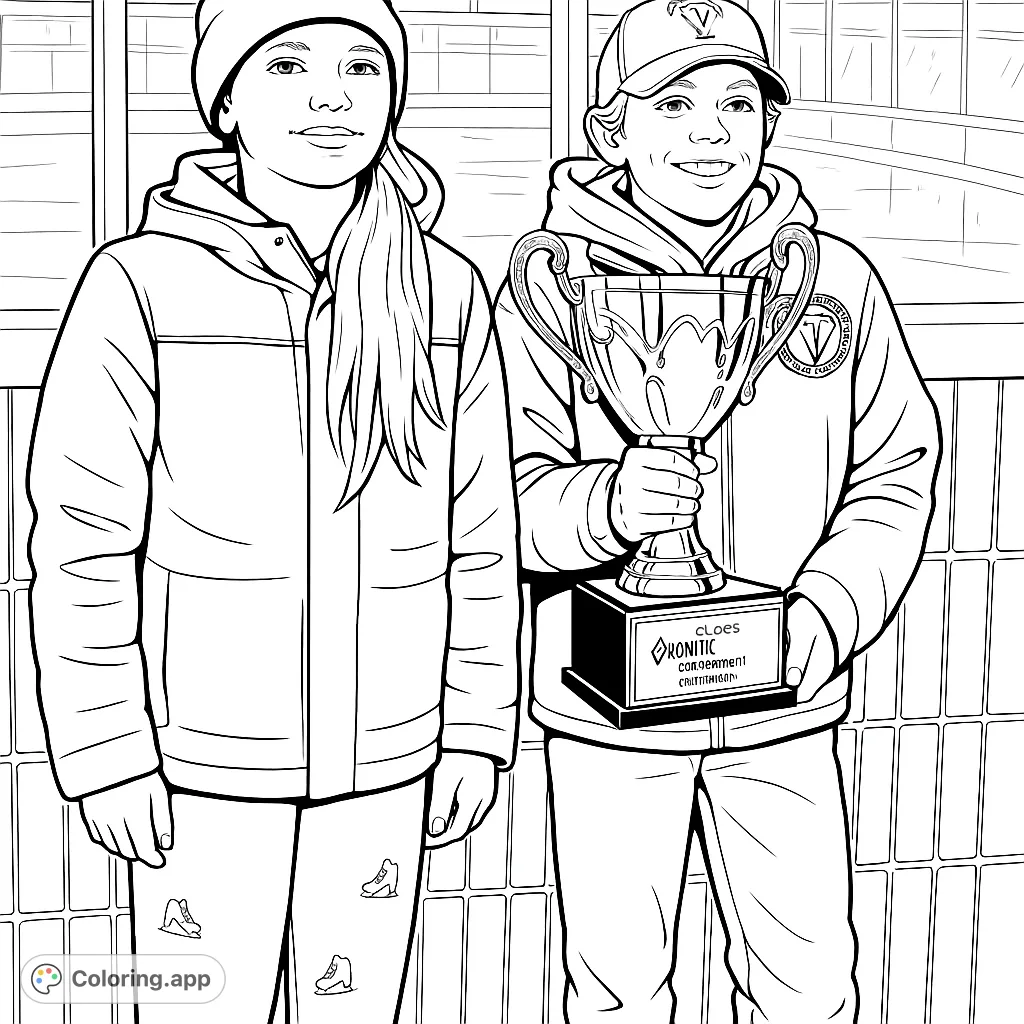Two young athletes celebrating their victory, with one holding a detailed trophy. A fun and inspiring scene for aspiring champions to color.