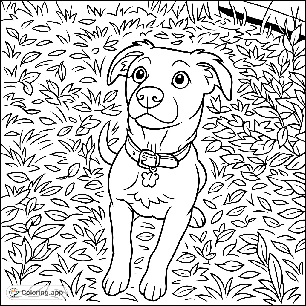 A charming puppy sits in a grassy, leaf-filled outdoor setting, looking up with curious eyes. A delightful puppy coloring page, free printable for all ages to enjoy.