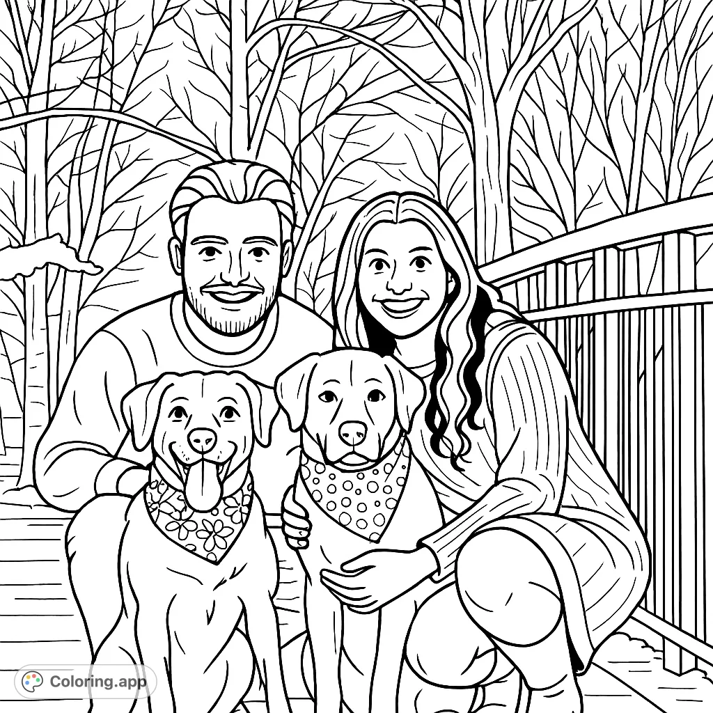 A heartwarming coloring page featuring a happy couple kneeling with their two beloved dogs outdoors. Perfect for family pet lovers to personalize with imaginative details and bold outlines.