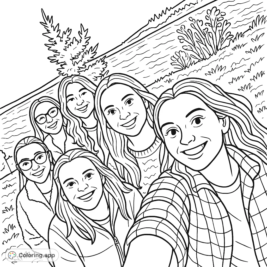 A fun outdoor group selfie with six smiling friends by a calm lake and distant trees. This cartoony friends group selfie coloring page is perfect for creative expression.