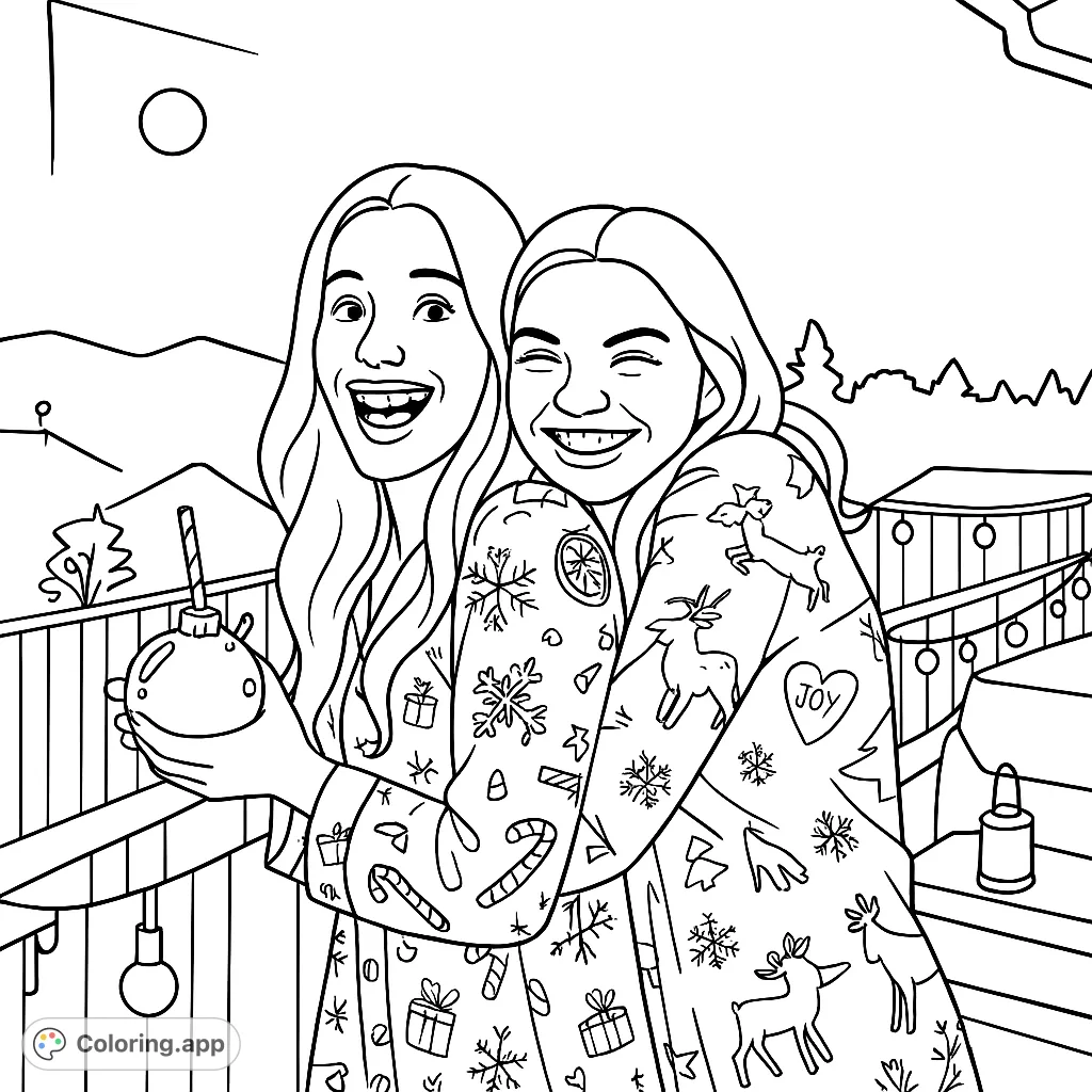 Capture the joy of friendship with this holiday pajama coloring page, featuring two smiling individuals embracing amidst festive lights. Perfect for celebrating special bonds and cheerful moments.