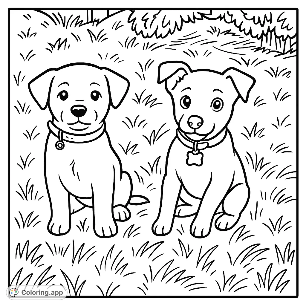 This adorable puppies coloring page features two charming canine companions seated together, perfect for bringing to life with your favorite hues. A delightful free printable coloring page for all ages.