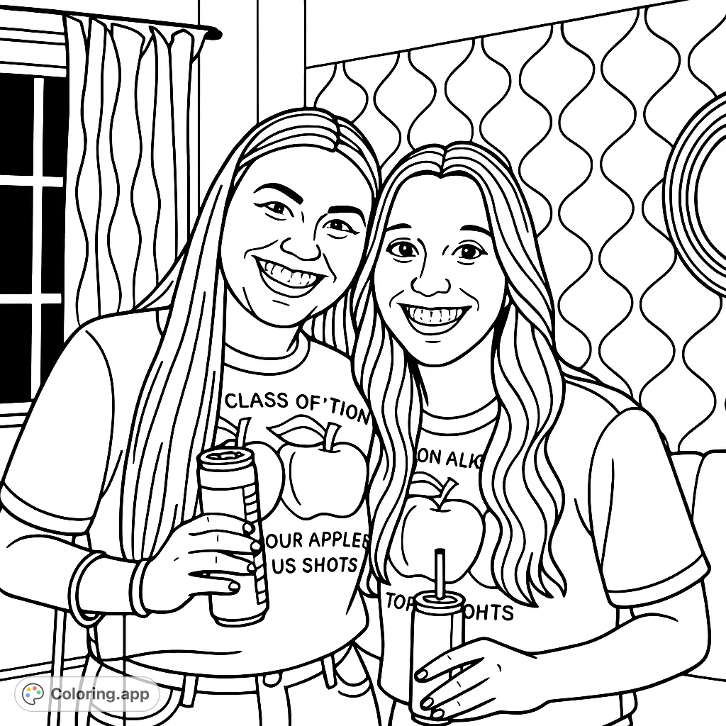A fun friends coloring page featuring two smiling women holding cans, with a dynamic background. A lively, cartoony design perfect for creative expression.