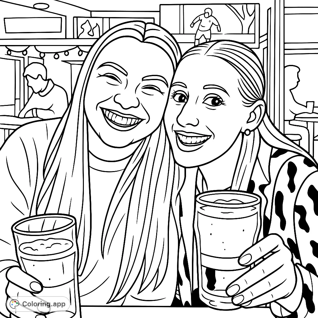 Capture a moment of joy with two smiling friends holding beverages in a lively setting. Perfect for adult coloring page enthusiasts seeking a fun, cartoony design.