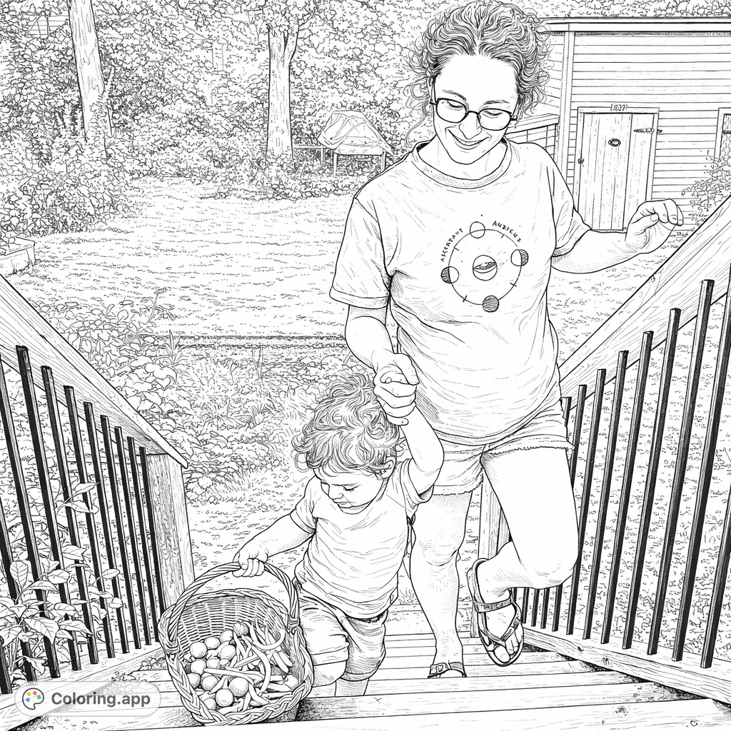 A heartwarming family garden harvest coloring page featuring a pregnant mother and child descending stairs with a basket of fresh produce. Enjoy this scene!