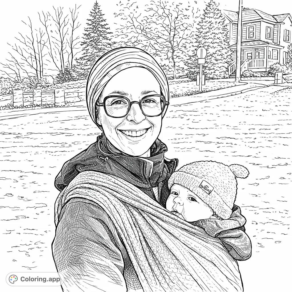 A heartwarming scene depicting a smiling parent carrying a content infant in a woven wrap, set against a pleasant outdoor backdrop. Realistic and detailed.