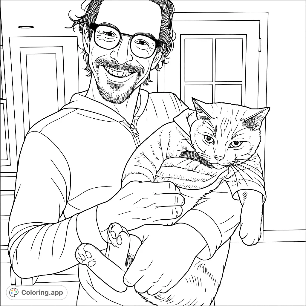 A heartwarming man and cat coloring page featuring a smiling person gently holding a domestic feline dressed in a cozy sweater. Enjoy this free printable coloring page.