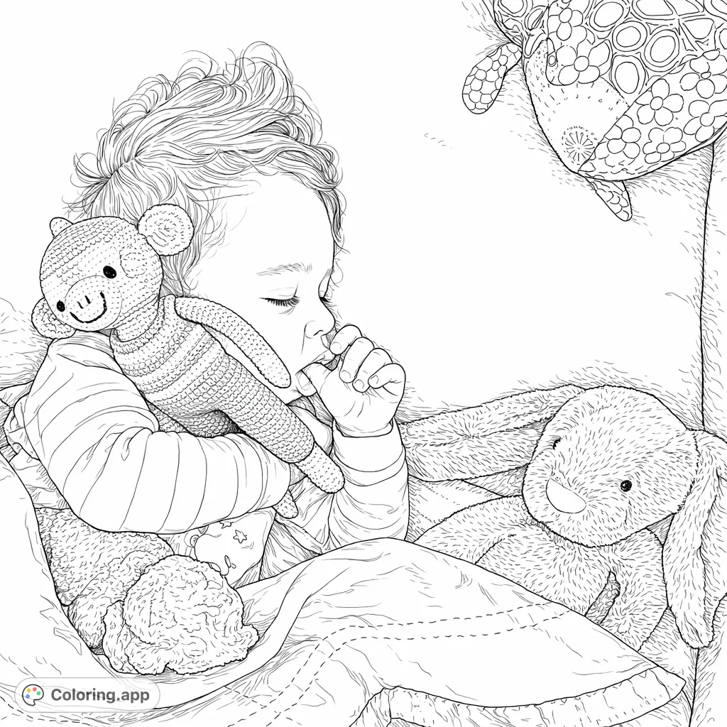 A heartwarming sleeping child holding a crocheted monkey, surrounded by soft blankets and other beloved plush toys. A peaceful scene for gentle coloring.