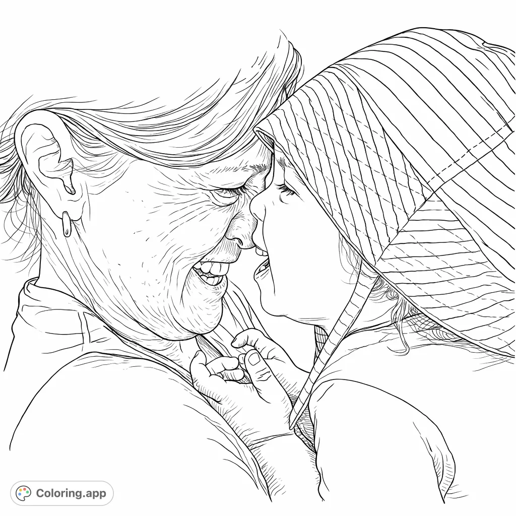 Capture a tender moment of connection between an older individual and a child, noses touching in a heartfelt embrace. A realistic intergenerational coloring page.