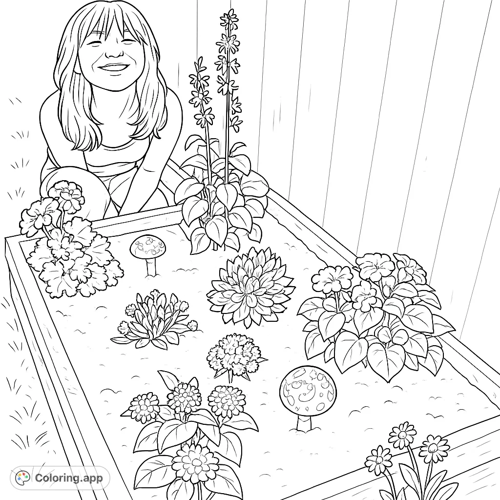 A delightful garden scene featuring a smiling individual among a variety of unique plants and charming ornaments in a raised bed. Perfect for creative coloring!