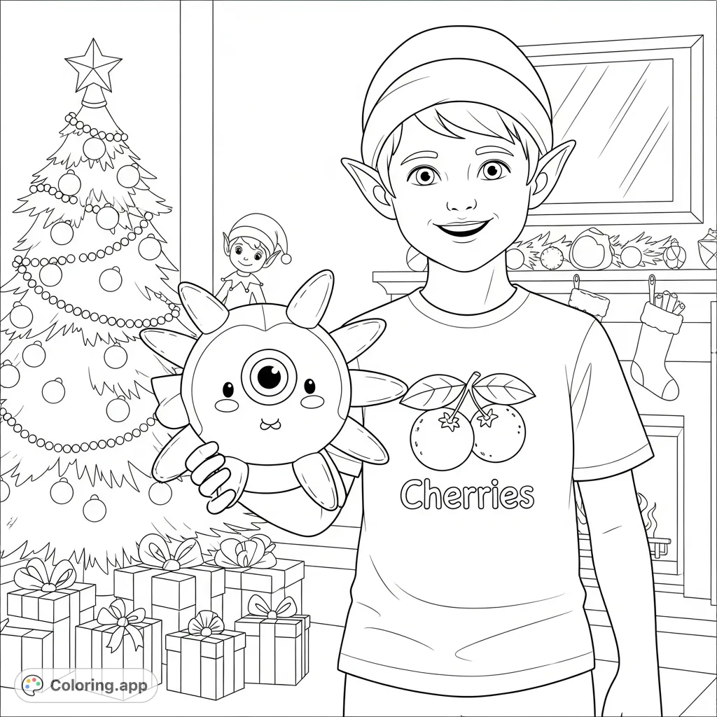 An endearing elf-like character holds a unique, one-eyed plush toy amidst a scenic outdoor setting with trees, a partial RV, and distant automobiles.