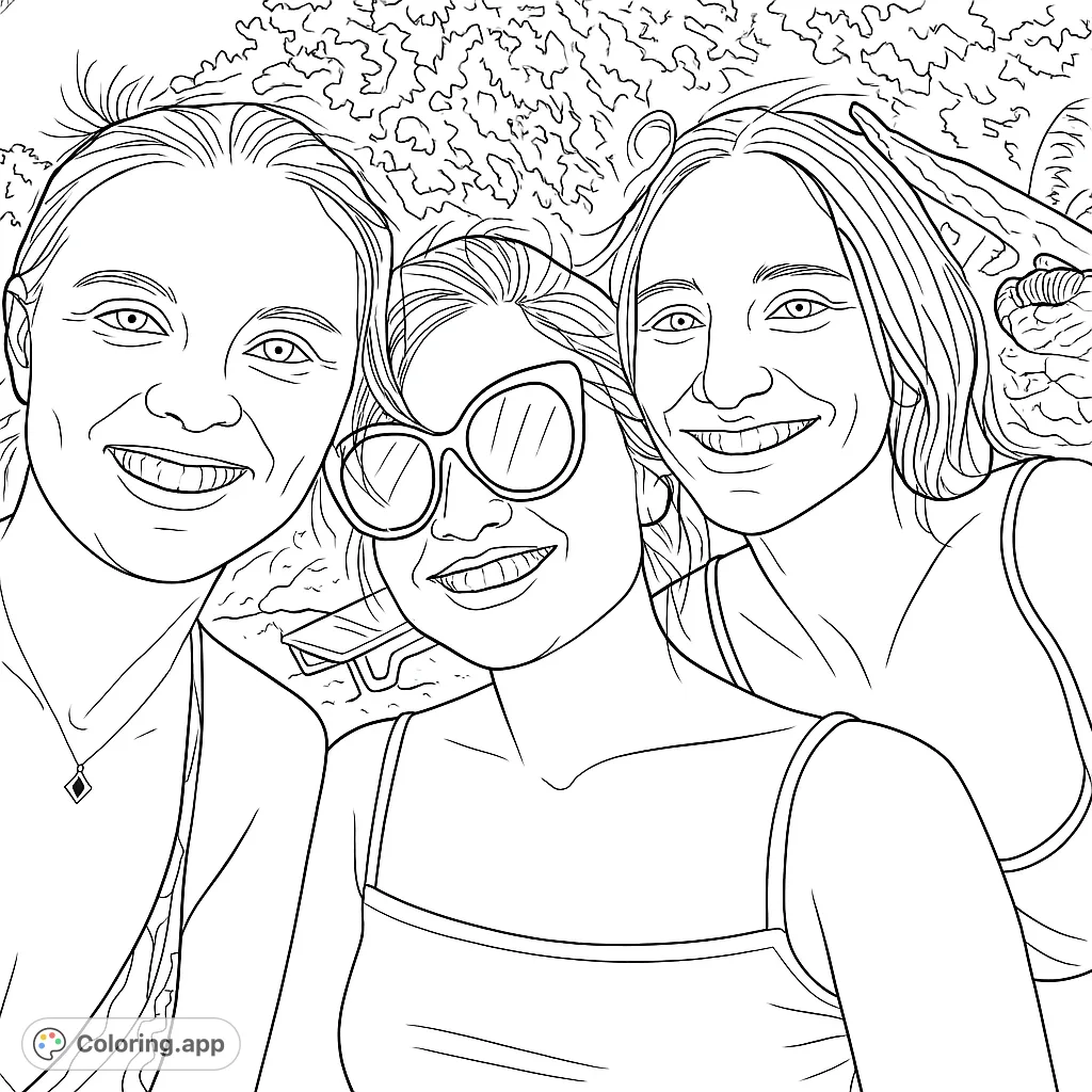 Capture the joy of friendship with this smiling trio. A perfect beach day scene for a relaxing coloring experience, full of warmth and companionship.