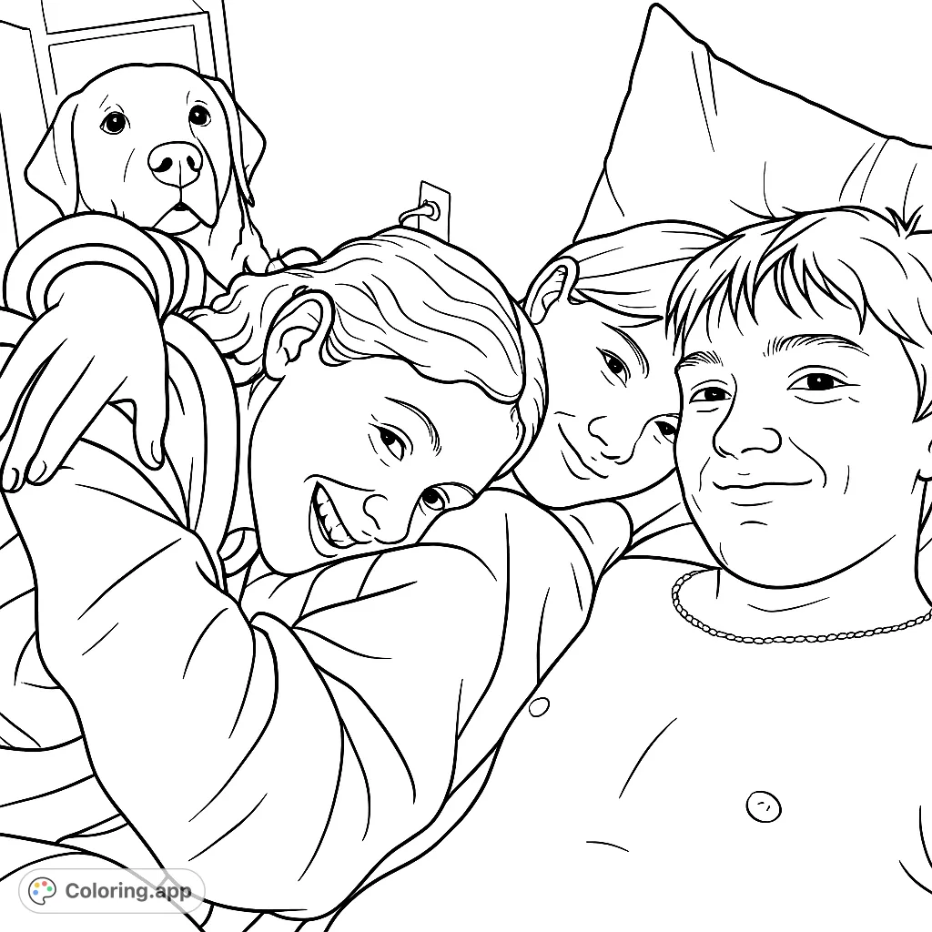 A heartwarming coloring page featuring three cheerful individuals and their loyal dog nestled together, capturing a moment of friendship and comfort.