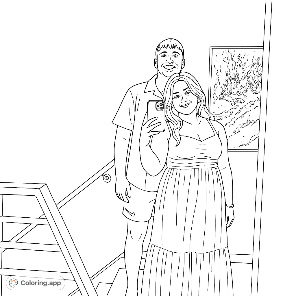 Capture a happy moment with this couple mirror selfie coloring page. Features a smiling pair, an abstract artwork, and a minimalistic interior setting.