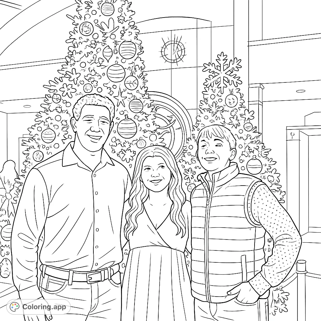 Three friends pose happily in front of towering, decorated holiday trees and a civic center emblem. A festive scene perfect for celebrating togetherness.