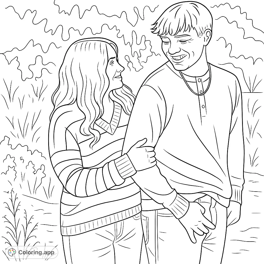 A heartwarming coloring page featuring two smiling individuals in an outdoor setting, capturing a moment of connection and friendship. Perfect for creative expression.