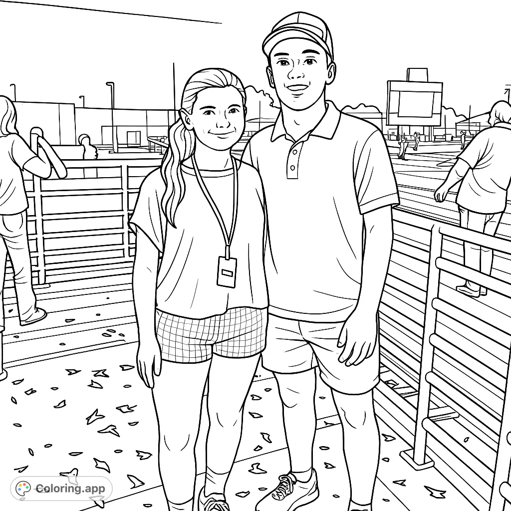 A cheerful duo enjoying a night at the stadium, surrounded by a lively crowd, railings, and celebratory confetti. Perfect for fans of sports and friendship.