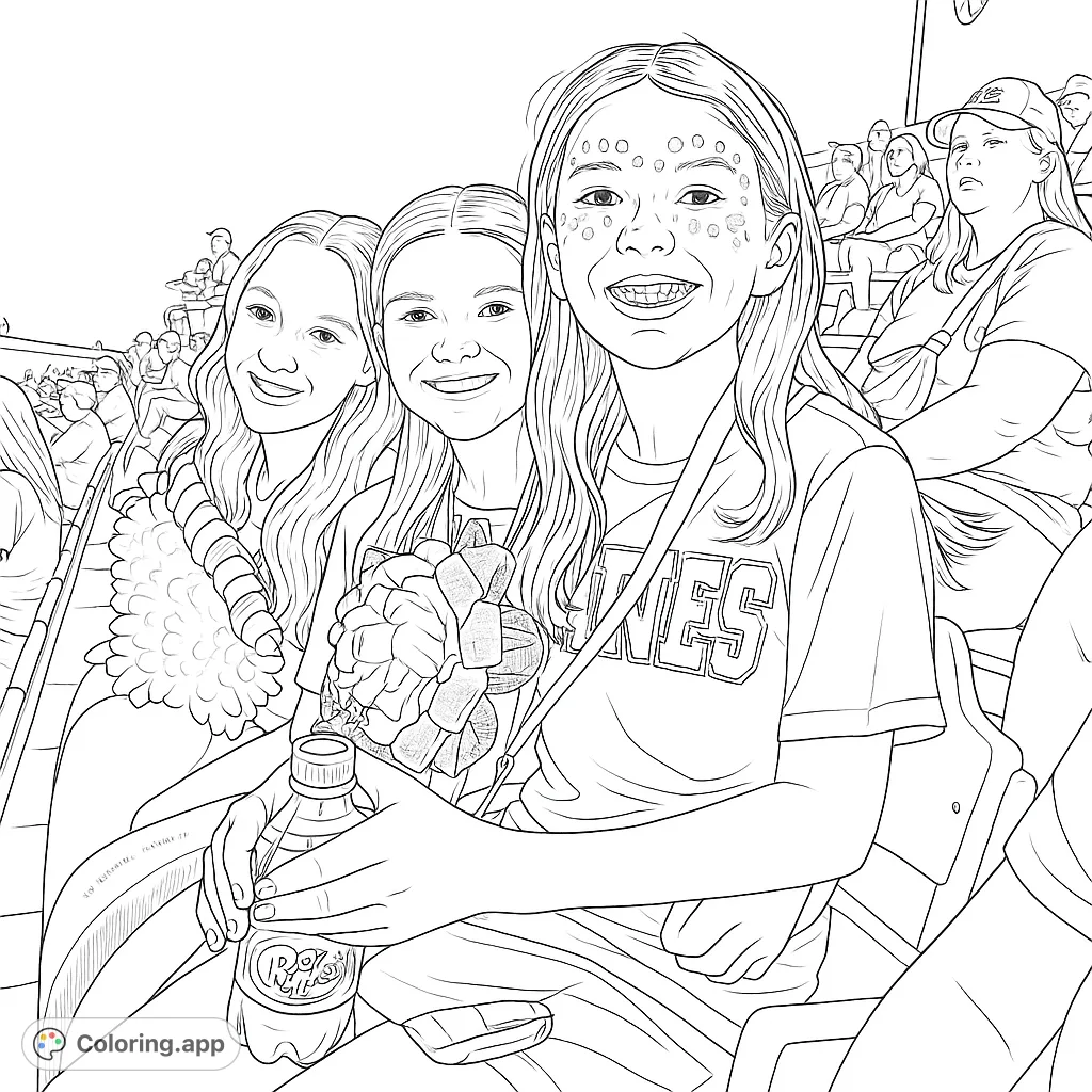 Capture the excitement of a stadium event with three friends showing their team spirit! Features detailed faces, accessories, and a lively crowd.